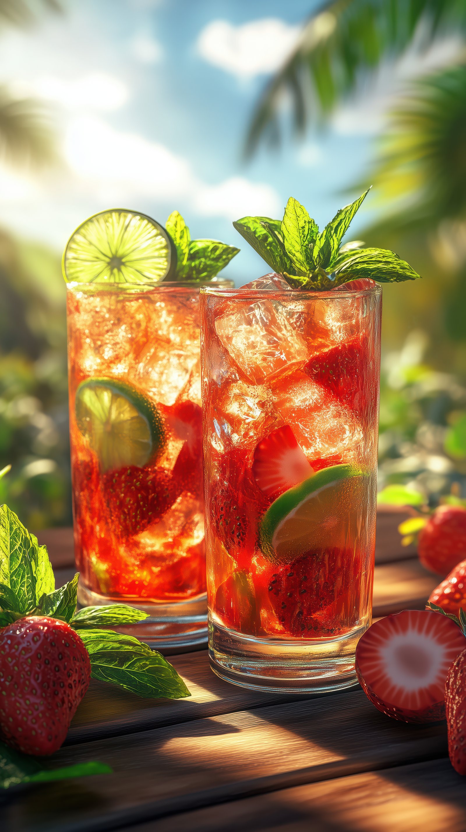 Refreshing strawberry mint drinks served in sunny tropical garden with lush greenery